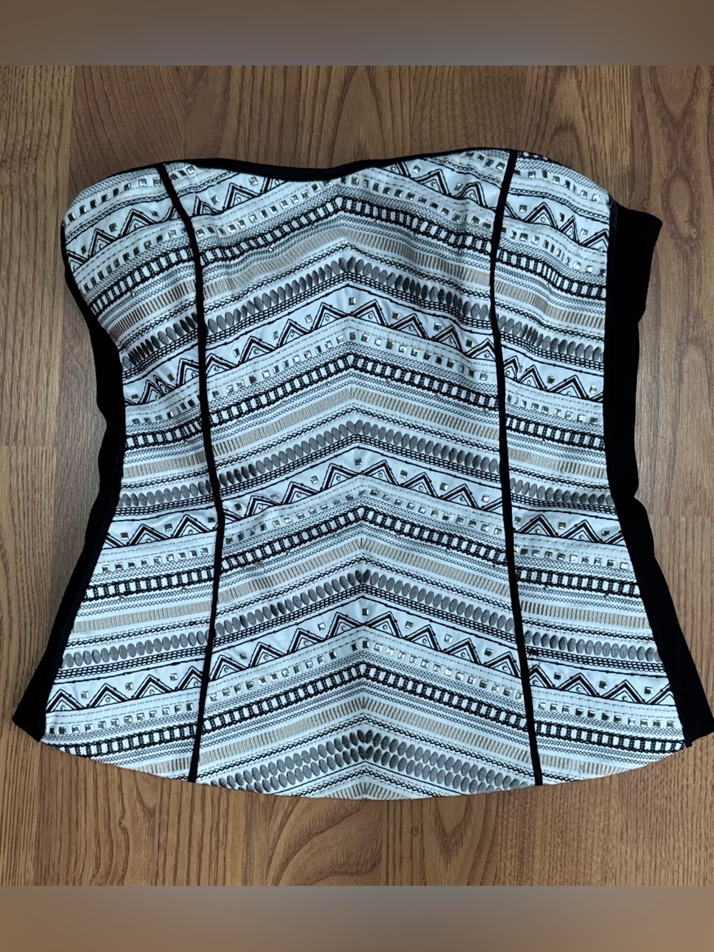 ❤️ White House Black Market XS Strapless Black Tan Geometric Bustier Top B11